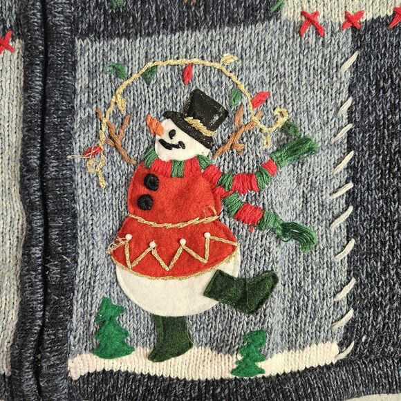 Vtg Christmas Cardigan Festive Knit Sweater Sz L Embroider Patchwork Cottagecore - Picture 10 of 16